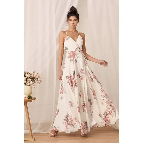 NEW Elegantly Inclined Cream Floral Print Wrap Maxi Dress L - Picture 1 of 5